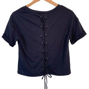 Francescaβs Collections Alya shirt navy cropped crew neck lace up small